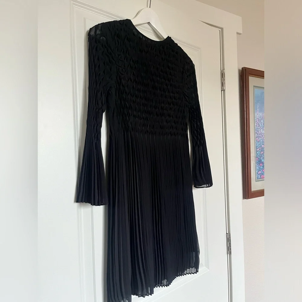 Topshop Black Diamond Pleated Black Dress with Bell Sleeves